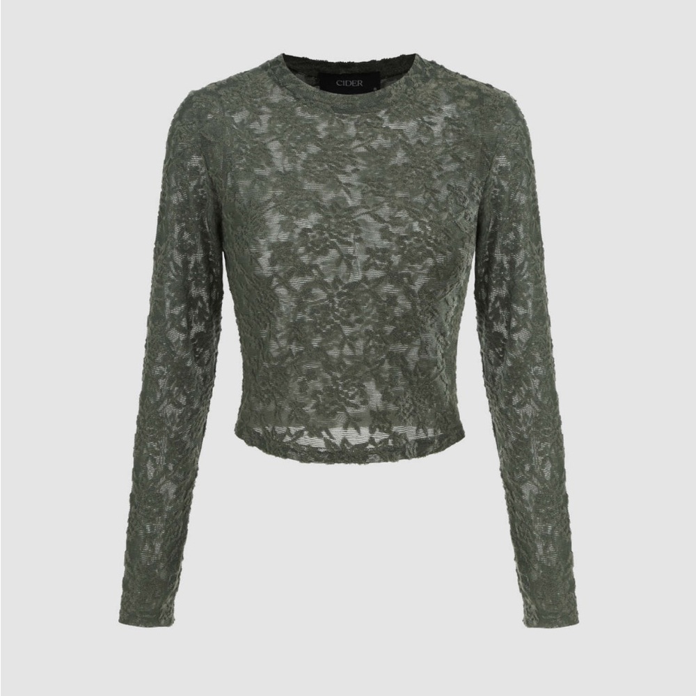 Cider Green Jacquard Round Neckline Floral Lace Long Sleeve Top